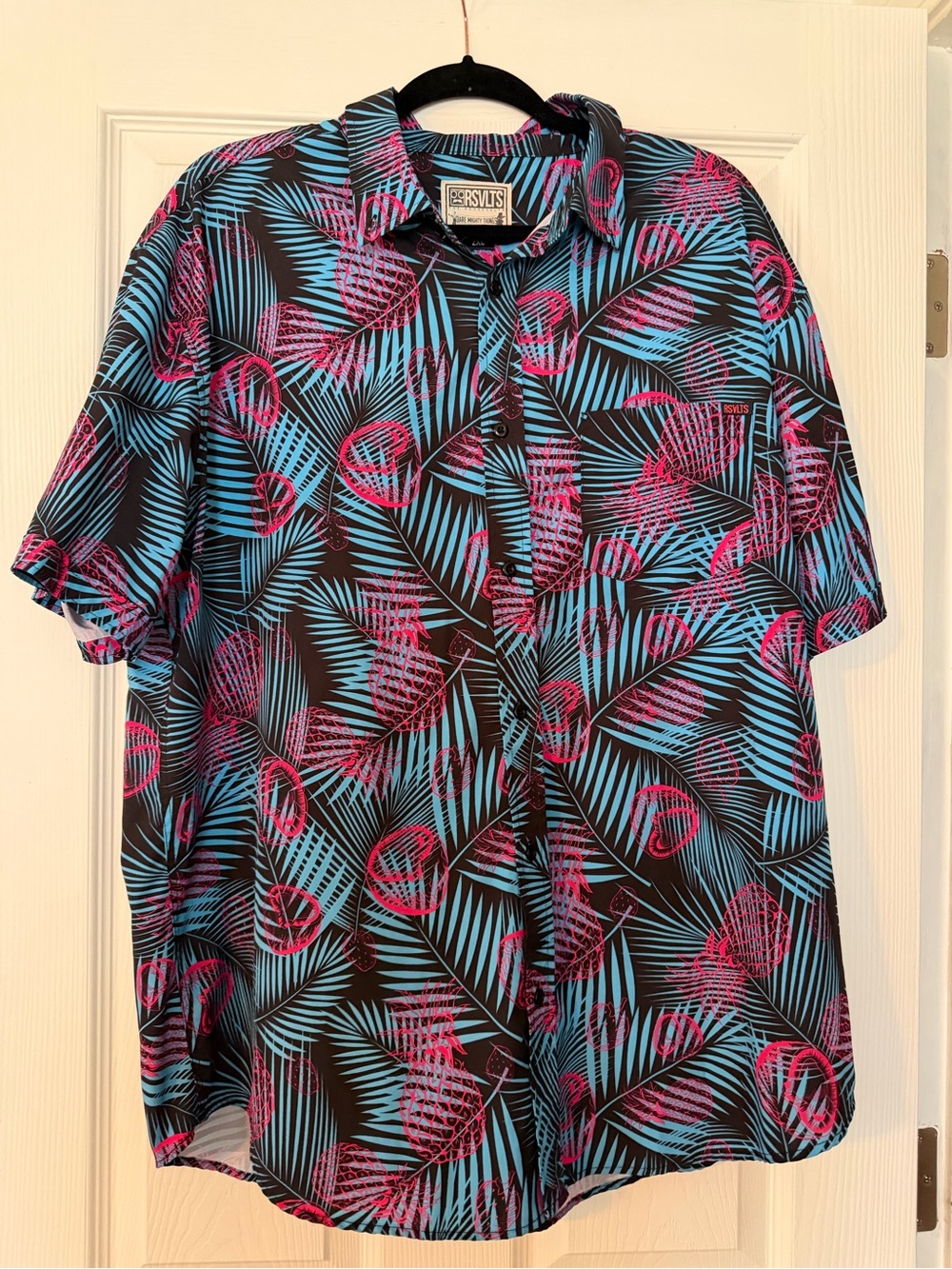 RSVLTS Short-Sleeve Button-Down Shirt in Black with Blue & Pink Tropical Print